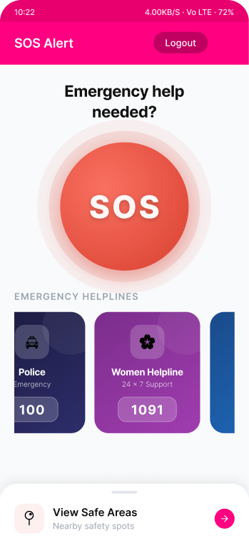 Frabe SOS alert screen with emergency helplines