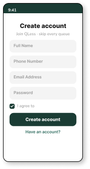 QLess create account screen